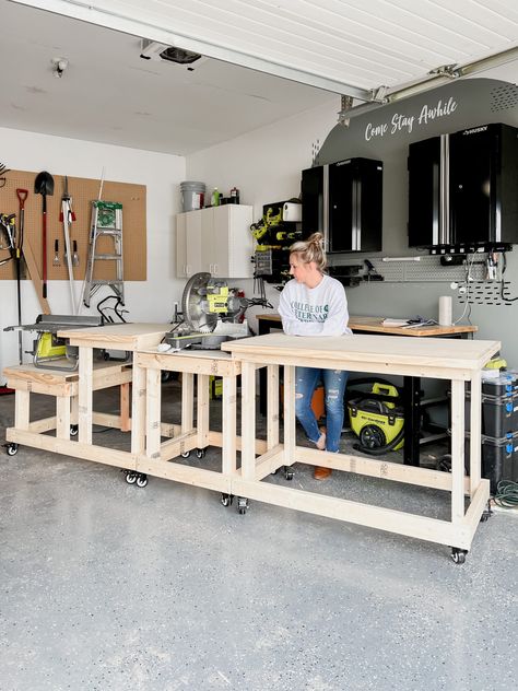 DIY Building Plans for Mobile Workbench: Miter Saw Stand, Table Saw Stand and Worktable – Come Stay Awhile by Amanda Vernaci | Modern Farmhouse DIY + Home Renovation Workbench Miter Saw, Table Saw Cabinet, Modular Workbench, Diy Miter Saw Stand, Rolling Workbench, Miter Saw Stand, Table Saw Station, Diy Garage Work Bench, Table Saw Workbench