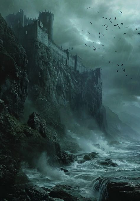 Castle Near Ocean, Dark Fantasy Inspiration, Castle By The Ocean, Dark Architecture, Ocean Kingdom, Dark Fantasy Aesthetic, Fantasy Castles, Dark Series, Fantasy Inspo