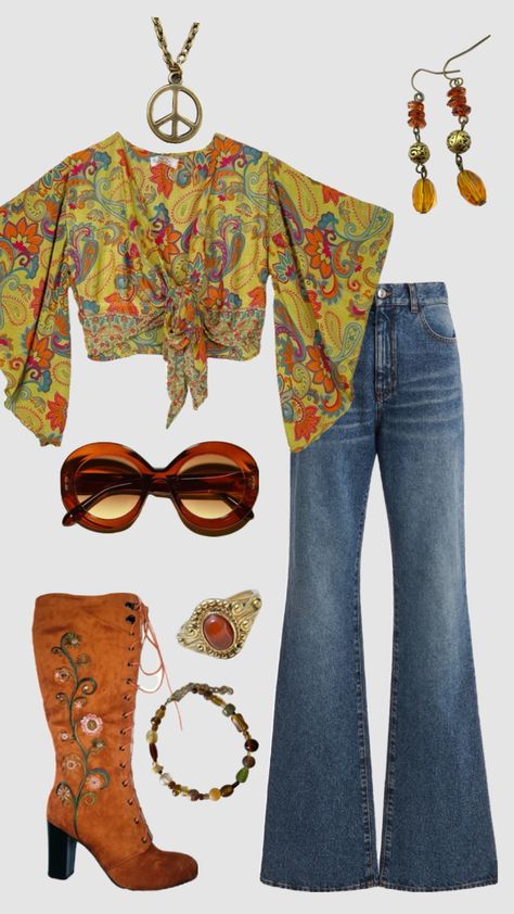 70s hippie inspired outfit #outfitinspo #vintage #hippie #70s #70shippie 70s Outfit Costume, Hippie Fancy Dress, 1950 1960 Fashion, 70s Dinner Outfit, 1970s Aesthetic Outfits, 70s Hippy Fashion, Diy 70s Outfit Women, 70s Tie Dye Outfit, 70s Girl Outfit