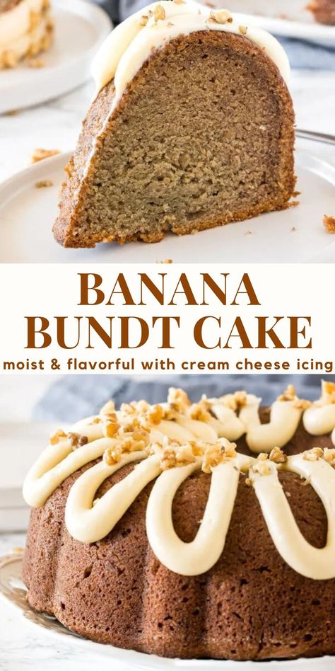 This delicious banana bundt cake is super moist with big banana bread flavor. It has hints of brown sugar, vanilla and cinnamon and is topped with cream cheese icing #bananabundtcake #bananacake #banana from Just So Tasty https://www.justsotasty.com/banana-bundt-cake/ Banana Cream Cheese Bundt Cake, Banana Pineapple Bundt Cake, Banana Bread Bundt Cake, Banana Bread Easy Moist, Bunt Cake Recipe, Bundt Cake Recipes, Cream Cheese Bundt Cake, Cake Mom, Banana Cake Recipe Easy