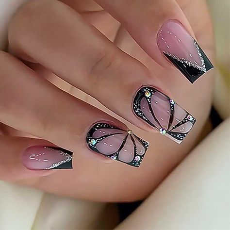 PRICES MAY VARY. 【Service Guarantee】If you have any questions about this medium press on nails with butterfly design, please feel free to contact us by Email. In case of transportation damage or quality problems, REPLACEMENT guarantee is provided. 【Eco-Friendly】Our french black fake nails are made of environmentally friendly ABS resin material, which is non-toxic, tasteless and environmentally friendly. 【Package Contents】24 PCS Press on Nails & A Nail File & Jelly Glue Stickers.(Durability of je Nail Art With Accessories, Best Summer Nails 2024, Fall Floral Nail Art, Butterfly Wings Nails, Nails With Art Design, Square Butterfly Nails, French Tip With Design Nails, Faith Nails Designs, Wet Nails Look