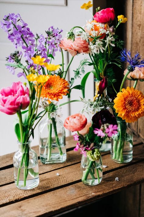 colourful bud vases, rustic wedding decoration Summer Wedding Flowers Centerpieces, Bud Vases Wedding, Bud Vases Flowers, Event Florals, Organic Luxury, Bridal Shower Inspiration, Wedding Flowers Summer, Wedding Table Flowers, Wedding Venue Decorations