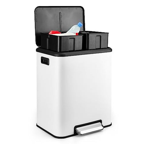 GAOMON Dual Bin Rectangular Trash Can, Stainless Steel Waste Bin with Lid, 30 Liters (2 X 15 L), Trash Can with Recycling Bin Combination, Soft Close and Airtight Lid - White Kitchen Trash Can, Kitchen Trash, Bathroom Bath Mats, Kitchen Trash Cans, Waste Bin, Tidy Kitchen, Trash And Recycling Bin, Waste Disposal, Recycle Trash