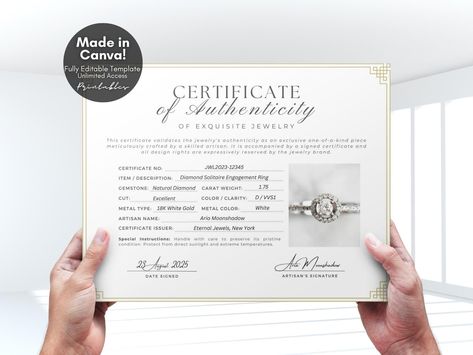 Art Certificate, Jewelry Template, Editable Certificates, Etsy Jewelry Handmade, Authenticity Certificate, Mens Gold Jewelry, Jewelry Appraisal, Certificate Templates, Jewelry Diamond