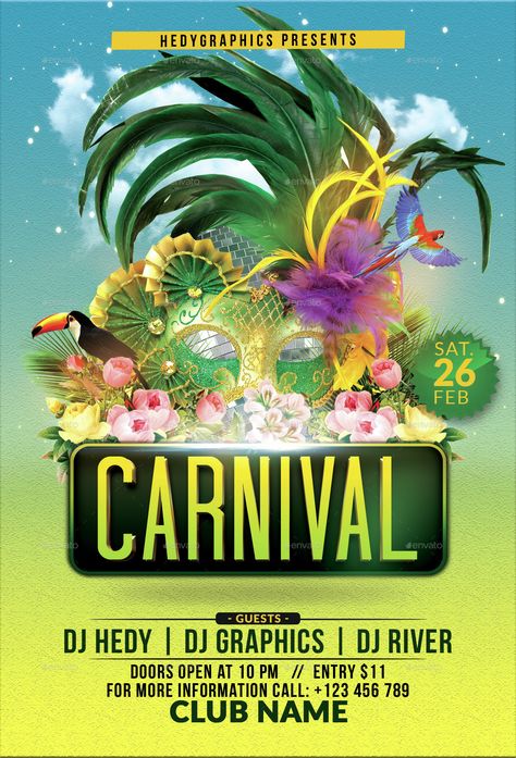 Carnival - Flyer Template Carnival Flyer, Carnival Party Invitations, Carnival Design, Caribbean Party, Banner Graphic, Brazilian Carnival, Caribbean Carnival, Football Illustration, Graphic Design Photoshop