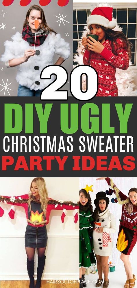 20 ugly Christmas sweaters and ugly Christmas party outfit and dresses ideas. Be the hit of your holiday party with these fun and festive DIY ugly Christmas party ideas. Tacky Xmas Outfits, Diy Xmas Outfit, Crazy Christmas Party Outfits, Funny Christmas Party Outfits For Women, Silly Christmas Outfits, Most Festive Christmas Outfit, Wacky Christmas Outfits, Tacky Holiday Outfits, Fun Christmas Outfits Holiday Parties