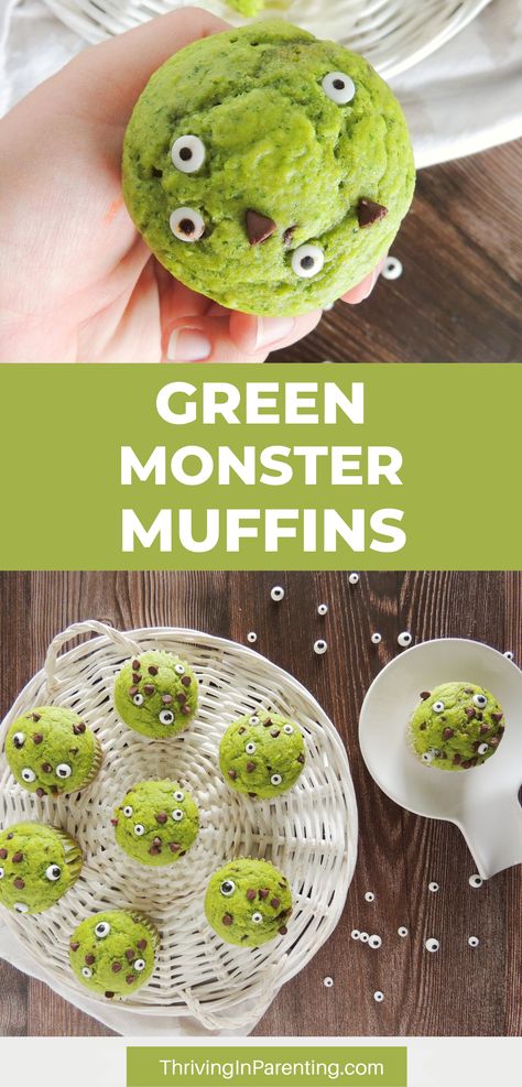 Delight your kids with these super fun and healthy green monster muffins this Halloween! The best part is that you can sneak in some spinach in these green monster veggie muffins. Use your blender for this easy recipe and your green muffins will be ready in no time! Spooky Halloween Muffins, Monster Muffins Green, Spinach Mini Muffins, Halloween Snacks For Kids Healthy, Healthy Halloween Cupcakes, Green Muffins Kids, Green Monster Muffins, Monster Fruit Tray, Easy Halloween Snacks For Party Healthy