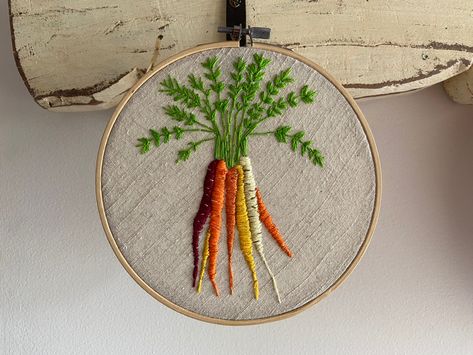 Hand embroidered rainbow carrots Fruit And Veggie Embroidery, Root Vegetable Embroidery, Embroidery Vegetable Garden, Fruit And Vegetable Embroidery, Embroider Rainbow, Carrots Embroidery, Veggie Embroidery, Embroidered Tomato, Embroidered Vegetables