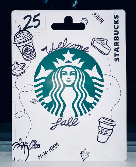 Added fall weather vibes to a starbucks giftcard pack by drawing on it with #sharpie #starbucks #pumpkinspicelatte #fall #leaves #coffee #giftideas #gift #drawing Starbucks Journal, Starbucks Drawing, Starbucks Art, Fall Drawings, Gift Drawing, Journal Page, Fall Weather, Creative Sketches, Pumpkin Spice Latte