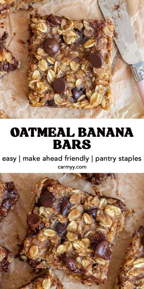 Made with pantry staples, this banana oatmeal bars recipe is perfect for breakfast or as a snack! Full of wholesome ingredients, these oatmeal banana bars will keep you feeling full and satisfied. Healthy Recipes With Bananas And Oats, Oatmeal Bake Bars, Baked Banana Oat Bars, Gluten Free Banana Chocolate Chip Oatmeal Breakfast Bars, Healthy Banana Granola Bars, Oatmeal Bars With Bananas, Oatmeal Cinnamon Bars, 5 Ingredient Breakfast Bars, Soft Baked Banana Oatmeal Bars