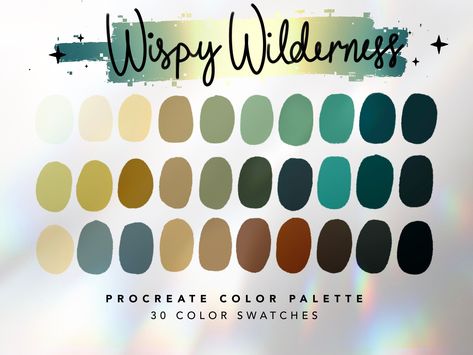 Wispy Wilderness Color Palette For Procreate This color palette contains 30 color swatches to use in Procreate App. These colors were handpicked and were inspired by enchanted forests and fantasy. ⭐️ || YOU WILL RECEIVE || ⭐️ 1 x Procreate Palette Instructions 1 x JPG file with all swatches 1 x Wispy Wilderness Color Palette for Procreate || .swatches file ⭐️ || HOW TO USE || ⭐️ 1. You will receive an email after you complete checkout with a link to download the files. 2. You can also log into y Swampy Color Palette, Jean Color Palette, Colour Pallets Inspiration, Cartoon Color Palette, Enchanted Forest Color Palette, Forest Color Palette, Procreate Swatches, Color Palette Procreate, Procreate Palette