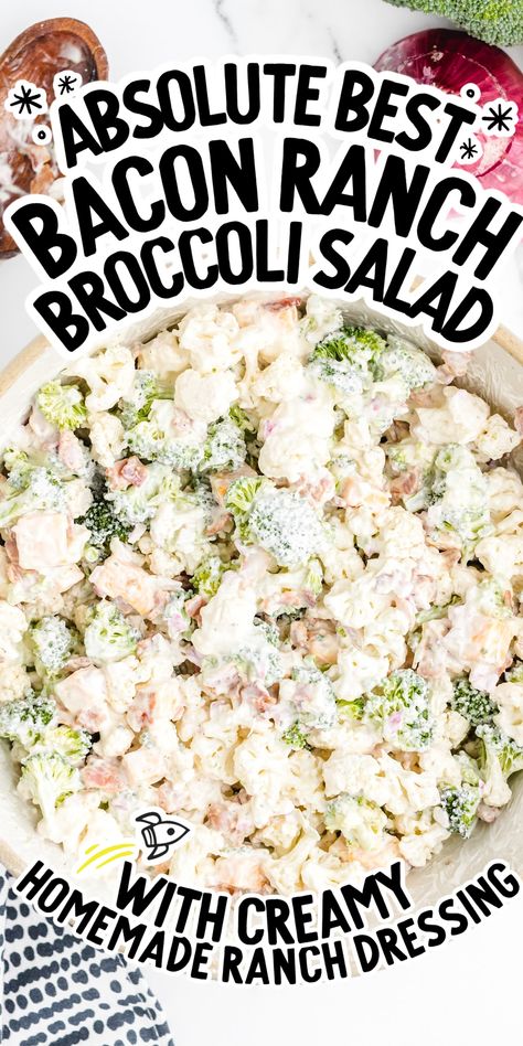 This fresh broccoli cauliflower salad is a tasty recipe that is loaded with crisp raw vegetables, bacon bits, and cheese with a creamy homemade ranch dressing. It’s the perfect side dish for a barbecue or potluck that’s sure to be a huge hit. Bacon Ranch Broccoli Salad, Bacon Cauliflower Salad, Raw Cauliflower Salad, Broccoli Cauliflower Salad Recipes, Broccoli Cauliflower Salad, Mexican Corn Salad, Potluck Side Dishes, Raw Cauliflower, Ranch Salad Dressing