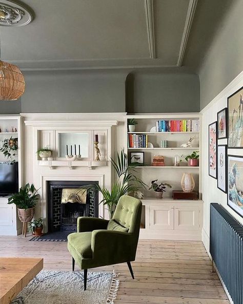 Lick on Instagram: ""We love what you've done with the place!" Swipe to see our decorators who have found 'the one' when it comes to colour... 1. A #Greige03 (new) painted ceiling adds extra character to this warm and relaxing Edwardian living room, paired with #Beige03 by @our_newbrighton_project. 2. Warm and oaty #White05 creates a light but cosy feel in this bedroom paired with wall panelling and contemporary accents of black by @renovationhq. 3. New #Green14 gives main character energy Panelled Hallway, Edwardian Living Room, Geometric Floor Tiles, Victorian Lounge, Cosy Bathroom, Nursery Makeover, Living Room Panelling, Tricia Guild, Living Room Wall Color