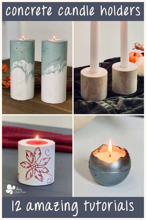 Here are 12 amazing ideas for concrete candle holders that you can make. We've selected the best cement and concrete candle holders from around the web. These all come with detailed tutorials showing you how to make these awesome home decor pieces. Give them as a gift to that special someone! #artsyprettyplants #diydecor #handmadegifts #diygifts #concretecrafts #cementcrafts #diyconcrete #concretedecor Diy Concrete Candle, Concrete Candle Holders Diy, Candle Holder Ideas, Concrete Planter Molds, Cement Candle Holders, Concrete Candle Holder, Tropical Candles, Candles Art, Candle Diy