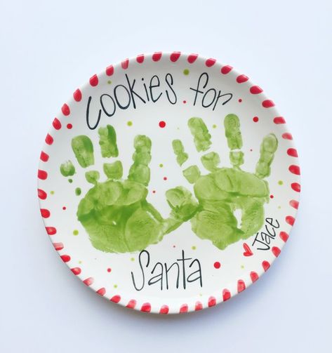 Hand Print Plate, Christmas Hand Print, Baby Christmas Crafts, Handprint Christmas, Cookies For Santa Plate, Footprint Crafts, Santa Plate, Preschool Christmas Crafts, Cookies For Santa