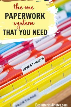 This system will change your life. Just follow these simple steps to set up an organizing system for your paperwork that will keep everything all together in one place. Plus, learn how to keep that paperwork put away so you can stay organized for good! #declutteringpaper #organizepapers