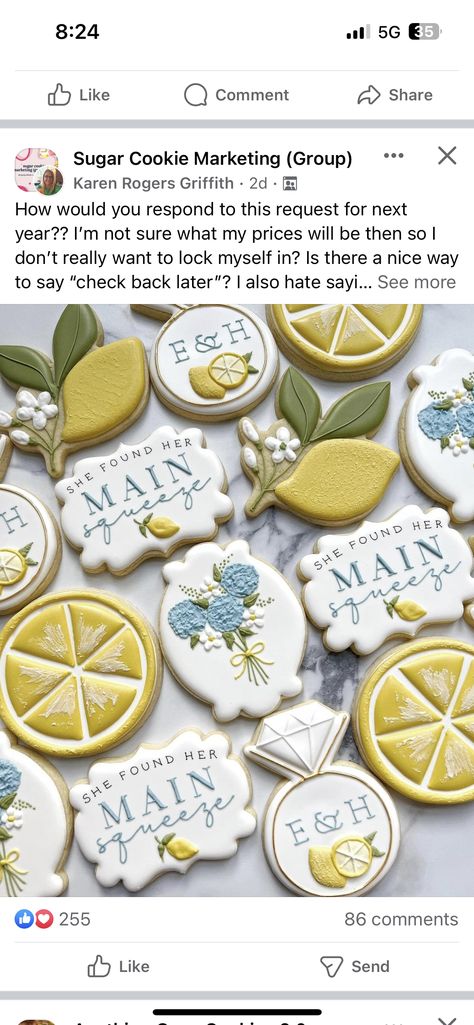 Main Squeeze Cookies, Lemon Themed Bridal Shower, Bridal Shower Cookies, Sugar Cookie Designs, Main Squeeze, Wedding Cookies, Bridal Show, Cookie Designs, Bridal Shower Theme