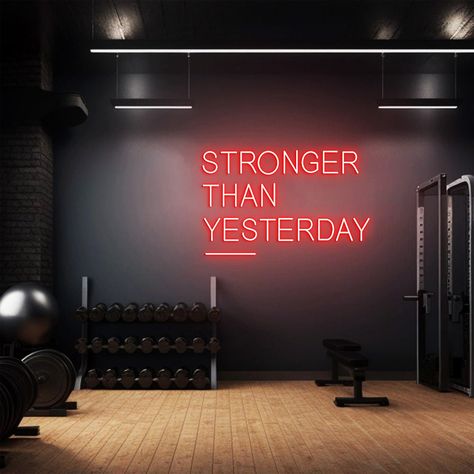 Stronger Than Yesterday Neon Sign, Gym Sign, Home Gym Decor, Gift for Gym Lover, Workout Room Wall Decor - Etsy At Home Gym Wall Decor, Aesthetic Gym Design, Gym Led Sign, Home Gym Neon Sign, Gym Interior Design Ideas Fitness Studio, Black Garage Gym, Gym Studio Design, Gym Front Desk, Modern Gym Interior Design