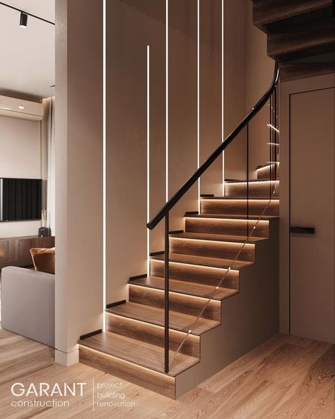 Suspended Stairs, Stairs Wall Design, درابزين السلم, Staircase Lighting Ideas, درج السلم, Staircase Interior Design, Staircase Design Modern, Stair Lights, Stairs Design Interior