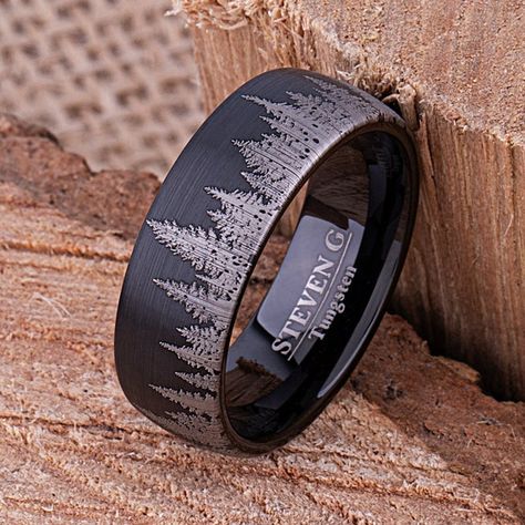 Black Mens Wedding Band, Mens Wedding Bands Black, Beautiful Wedding Bands, Black Tungsten Rings, Black Wedding Band, Black Tungsten, Nature Ring, Men's Wedding Ring, Wolfram