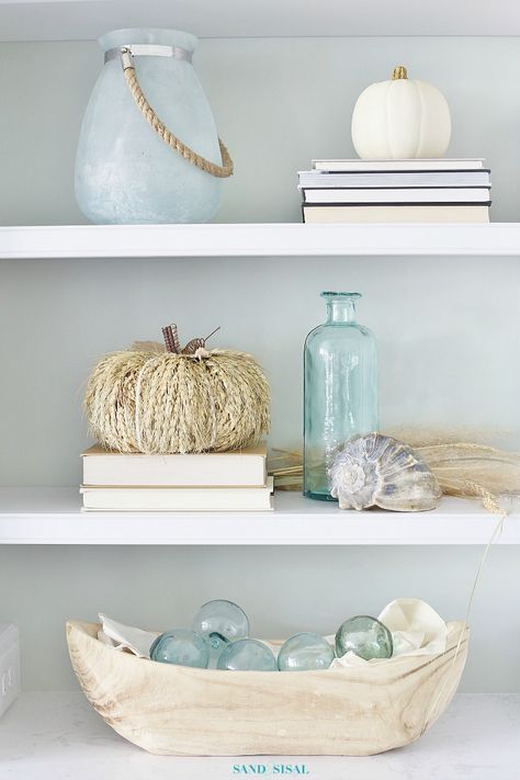 Coasting into Fall Home Tour + HomeGoods Giveaway Neutral Fall Color Palette, Coastal Fall Decor, White Pumpkin Decor, Fall Decor Home, Styl Hampton, Coastal Fall, Decorating Bookshelves, Fall Decorating Ideas, Glass Floats