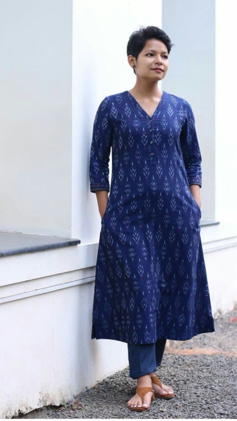 Dark blue cotton kurti Side Loops Design Kurti, Professional Kurti Designs Latest, Aline Kurta Designs Women, Long Kurti Patterns Latest Fashion, Cotton Kurta Designs Latest, Simple A Line Kurti Designs, Kurthi Necks Latest Design Cotton, Ikkat Suits Designs, Cotton A Line Kurti Designs