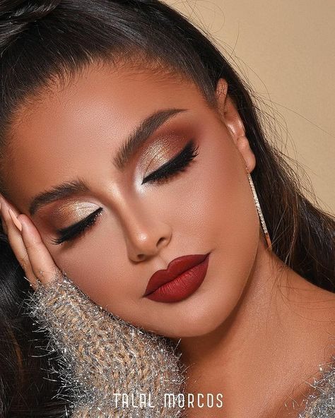 Evening Makeup Looks Red Lip, Make Up Looks Red Lip, Soft Smokey Eye Makeup With Red Lips, Newyear Makeup Looks, Gold Makeup Looks With Red Lips, Elegant Red Makeup Looks, Bronze Makeup With Red Lips, Makeup Looks Bold Lip, Bridesmaid Makeup Red Dress