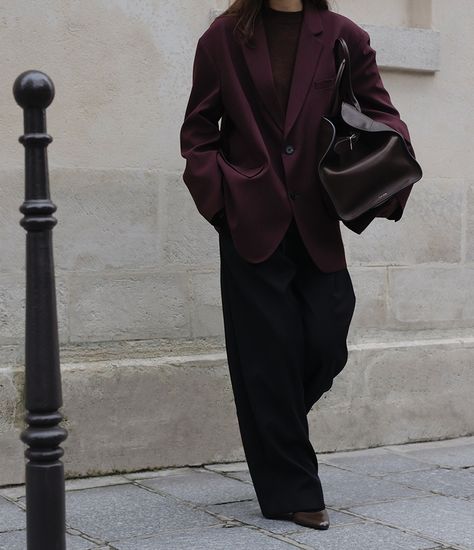 Burgandy Blazer Outfit, Burgundy Blazer Outfit, Fall Party Outfit, Fall Dinner Outfit, Burgundy Outfit, Burgundy Blazer, Blazer Outfits For Women, Burgundy Skirt, Tailored Clothes