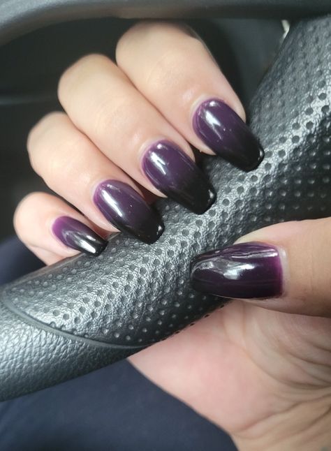 Purple and Black Ombre Dip, Acrylic Tips Done by Livonia Nails Ombre Nails Black And Purple, Dark Purple And Black Ombre Nails, Purple To Black Ombre Nails, Dark Purple Goth Nails, Purple With Black Tips Nails, Purple Nails With Black Design, Dark To Light Purple Ombre Nails, Goth Dip Nails, Purple And Black Prom Nails