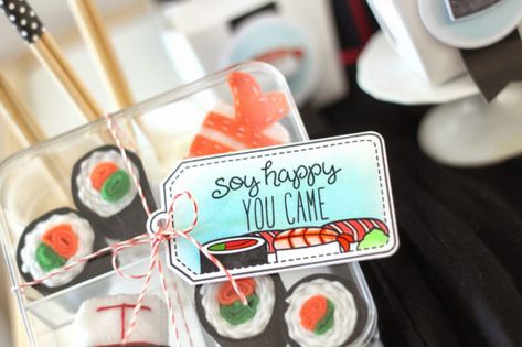 A Sushi Party by Elena! - Lawn Fawn Sushi Dinner Party, Japanese Buffet, Sushi For Kids, Dinner Party Favors, Candy Sushi, Japanese Party, Sushi Dinner, Japanese Birthday, Gingerbread Party