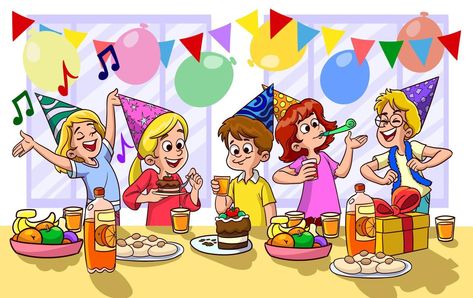 Birthday Celebration Drawing, Birthday Party Drawing, Drawing With Friends, Story Composition, Birthday Party Illustration, Festival Painting, Picture Story For Kids, Kids Birthday Food, Party Drawing