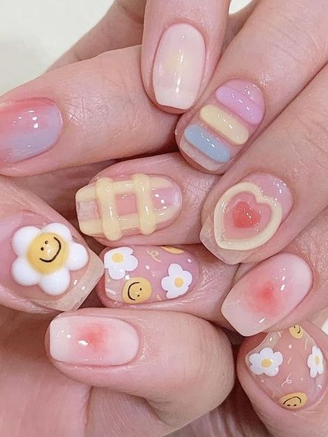 Yellow Nails Design Korean, Korean Nail Art Ideas, Korean Gel Nails 3d, Korean 3d Gel Nail Art, Jelly Nails 3d, Korean Polygel Nails, Korean Blob Nails, Cute Short Korean Nails, Colorful Korean Nails