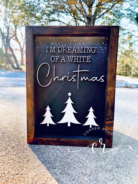 "I'm dreaming of a white Christmas sign.  LOVE this sign! The black with the white  'snow' and trees to really set it off. So pretty ! Sign measures 8 1/2\" x 11 1/2\"  Have a custom order or want a different size? Contact us! We'd love to help! Listing for one sign only.  We do not include hanging hardware on this sign." Black And White Christmas Signs, Christmas Signs Cricut, Christmas Sayings Signs, Holiday Wood Signs, Rustic Christmas Signs, Wooden Christmas Signs, Signs For Christmas, Christmas Wood Signs, Laser Cut Signs