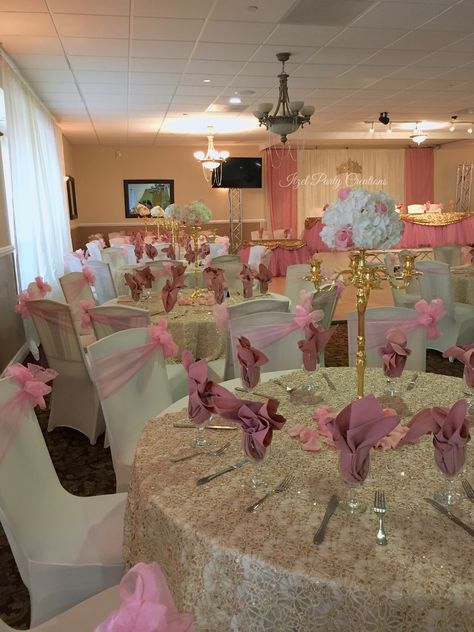 Dusty rose and gold Party Pink Quinceanera Decorations, Birthday Party Ideas Decoration, Pink Quince Theme, Quinceanera Venue, Party Ideas Decoration, Rose Birthday, Pink Quince, Quince Decorations, Quinceanera Decorations