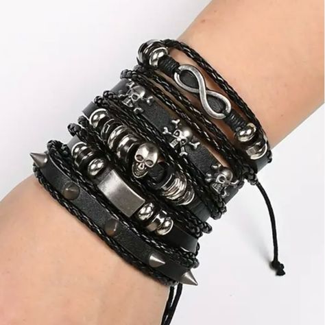 Men's Genuine Black & Silver Leather Bracelet Set (E3) Set Includes All Five Adjustable Bracelets Skulls Brand New Nu Metal Jewelry, Emo Beaded Bracelets, Emo Bracelets, Guys Bracelets, Dr Accessories, Layer Bracelets, Purple Streetwear, Men's Boutique, Male Accessories