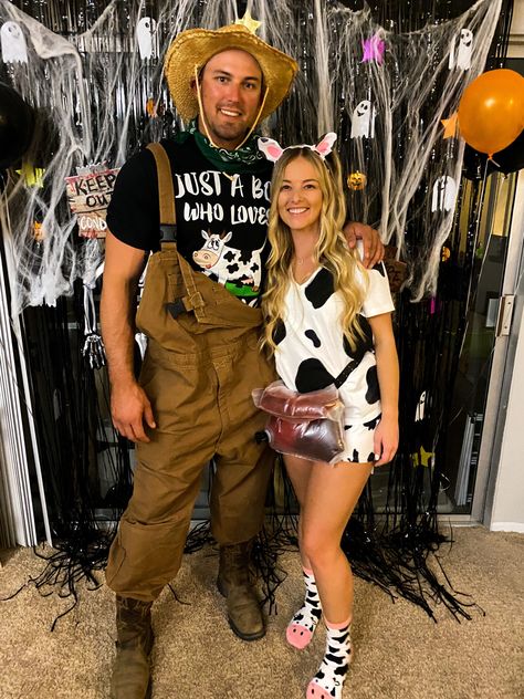 Cow Farmer Costume, Milk Maid And Cow Costume, Farmer And Cow Costume Couple, Farmer Outfit Women Costume, Farmer Costume Mens, Farm Animal Costumes Women, Cow Couple Costume, Cow And Farmer Costume Halloween, Farmer Costume Women