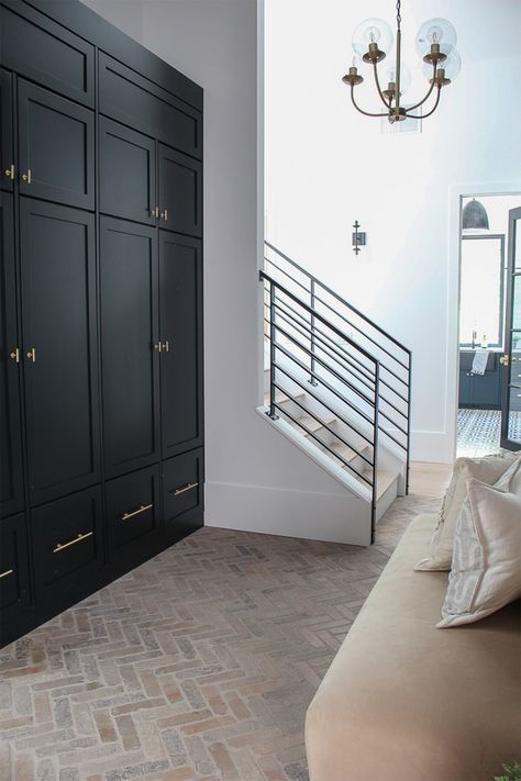 Black Mudroom, Brick Herringbone Floor, Brick Herringbone, Herringbone Floors, Mudroom Flooring, Interior Brick, Mudroom Entryway, Mudroom Decor, Mudroom Laundry Room