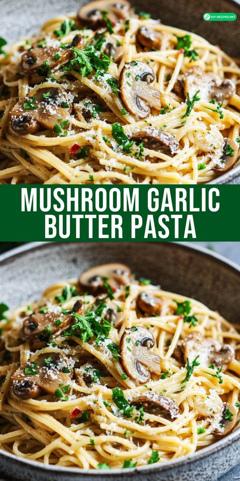 Indulge in Mushroom Garlic Butter Pasta! A deliciously rich and creamy pasta dish that’s perfect for any night of the week. Steak Pasta Recipes Dairy Free, Mushroom Garlic Spaghetti, Creamy Pasta Vegetarian, Noodles And Mushrooms Easy Recipes, Cooked Mushroom Recipes, Mushroom And Onion Pasta, Brown Butter Mushroom Pasta, Mushroom Angel Hair Pasta, Pasta With Mushrooms And Peas