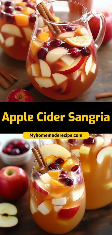 This apple cider sangria is fruity, spiced, and perfect for fall gatherings. A refreshing and festive drink for all your autumn parties! Ingredients: 2 cups apple cider 1 bottle white wine 1 apple, sliced ½ tsp cinnamon Make this apple cider sangria for a fun and festive fall drink that’s perfect for entertaining Apple Cider Sangria With Brandy, Apple Cider Beverages Drink Recipes, Alcohol Apple Cider Drinks, Fall White Sangria Recipes Easy, Honeycrisp Apple Sangria, Cider With Alcohol, Apple Cinnamon Sangria Recipes, Apple Cider Punch Spiked, White Wine Apple Sangria