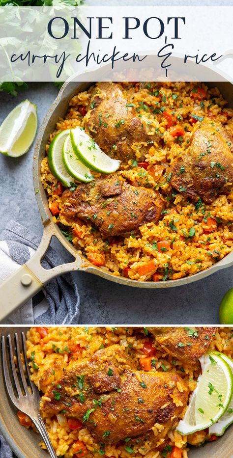 Made entirely in one pot, this curry chicken and rice is packed with juicy chicken thighs, tender vegetables, and fluffy curry-spiced rice. One Pot Chicken Curry, Chicken Thigh Curry, Baked Curry Chicken, Chicken Thighs And Rice, Curry Chicken Thighs, Pan Seared Chicken Thighs, Juicy Chicken Thighs, Cumin Chicken, Curry Chicken And Rice