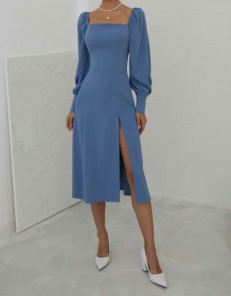 Square Neck Dress Accessories, Mid Length Dresses Formal Elegant, Minimalist Formal Dress, Formal Mid Length Dress, Blue Long Sleeve Midi Dress, Long Simple Dresses Formal Classy, Satin Dresses Formal Long Sleeve, Wedding Guest Midi Dress With Sleeves, Midi Formal Dress Sleeve