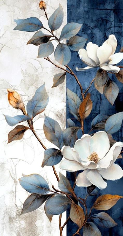 Blue And White Wallpaper, Gold Art Painting, Floral Wallpaper Phone, Wallpaper Nature Flowers, 수채화 그림, Flower Art Images, Flower Background Wallpaper, Flower Prints Art, Flower Art Painting