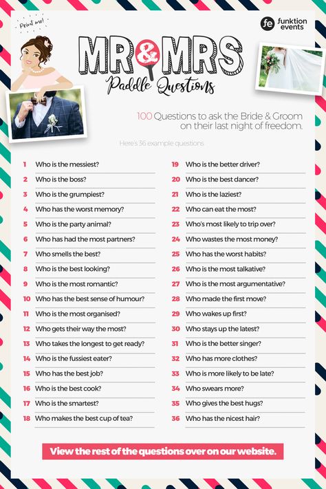 Add some excitement into the hen party with the Mr and Mrs Paddle Questions, the perfect extra that everyone will love. Print of this image for a perfect hen party addition, and make sure to click this image to see plenty other paddle questions too! . #mrandmrsquiz #mrandmrsquestions #mrandmrs #henpartyideas #henpartyquiz #weddingideas #giveaway Mr And Mrs Paddle Questions, His And Her Question Game, Me And Mrs Questions, Mr And Mrs Questions Funny, Mr Mrs Questions, Mr And Mrs Game Questions, Mr And Mrs Quiz Questions, Him Or Her Game Questions, Bachelorette Questions