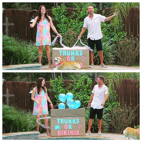 Bikinis Or Trunks Gender Reveal, Gender Reveal Ideas Pool Party, Gender Reveal Ideas Beach Theme, Lake Gender Reveal Ideas, Pool Gender Reveal, Pool Gender Reveal Ideas, Gender Reveal Pool Party Ideas, Pool Party Gender Reveal, Gender Reveal Box