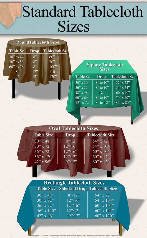 Tablecloth Sizes (Dimensions Guide) - Designing Idea Tablecloth Dimensions, Tablecloth Size Chart, Dining Table Cloth, Table Cloth Decorations, Diy Water Fountain, Oval Tablecloth, Tablecloth Sizes, Card Table, Banquet Tables