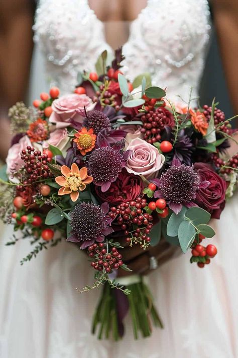 Red Fall Wedding Bouquet, Autumn Wedding Bouquet Burgundy, Fall Theme Wedding Bouquet, April Flower Bouquet, Masculine Flower Bouquet, Fall Theme Bouquets, Wedding Bouquets February, Autumn Floral Bouquet, November Wedding Bouquet