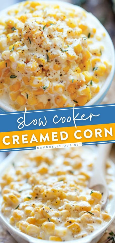 SLOW COOKER CREAMED CORN, thanksgiving side dishes, thanksgiving dinner recipes Creamed Corn In Crockpot, Crockpot Sides For Easter, Easter Sides Crockpot, Easter Dinner Ideas Crockpot, Thanksgiving Sides Dishes Crockpot, Easter Corn Side Dishes, Easter Side Dishes Crockpot, Crockpot Easter Recipes, Easter Meal Ideas Main Courses