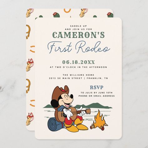 Mickey & Friends | Cowboy Rodeo Birthday Invitation Mickey Rodeo Party, Mickey Mouse Cowboy Birthday Party Ideas, Mickey Mouse Rodeo Party, Western Mickey Mouse Party, Mickey Cowboy Birthday, Cowboy Mickey Mouse Party, Cowboy Mickey Mouse, First Rodeo Birthday Party Invitation, Rodeo Birthday Invitations