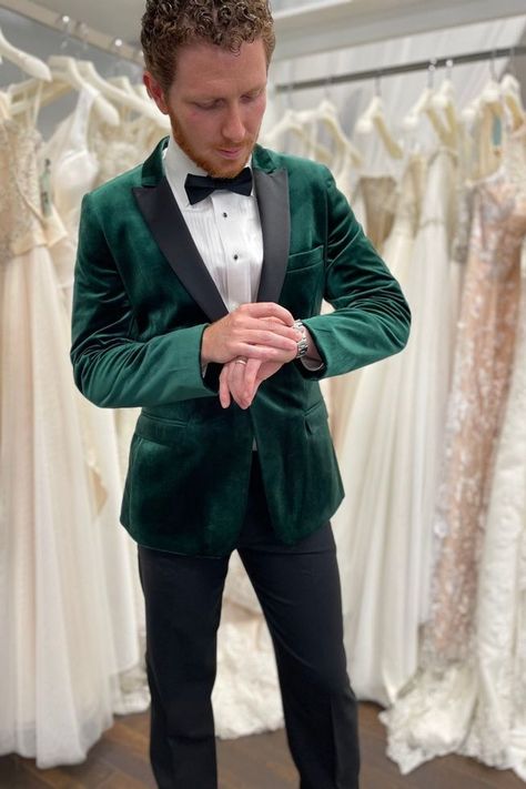 Wedding tuxedo with green velvet jacket | Groom suit— Savvi Formalwear & Bridal | Raleigh, North Carolina Wedding Dresses Velvet Tuxedo Suit With Notch Lapel, Green Velvet Dinner Jacket, Green Velvet Suit Jacket Men, Emerald Green Tuxedo, Forest Green Tuxedo Wedding Coats & Jackets, Green Velvet Dinner Jacket Men, Green Velvet Tuxedo, Best Wedding Gowns, Tux Prom