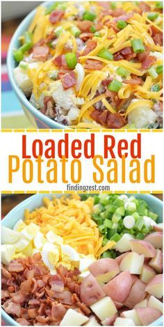 This red potato salad with bacon is loaded with flavor and perfect for your next potluck or picnic. This loaded potato salad recipe includes all your favorite baked potato fixings including sour cream, cheese and green onion but also contains a surprise ingredient in the dressing! Red Potato Salad With Bacon, Loaded Potato Salad Recipe, Baked Potato Salad Recipe, Red Potato Salad Recipe, Potato Salad With Bacon, Loaded Potato Salad, Picnic Salad, Amazing Salads, Loaded Baked Potato Salad